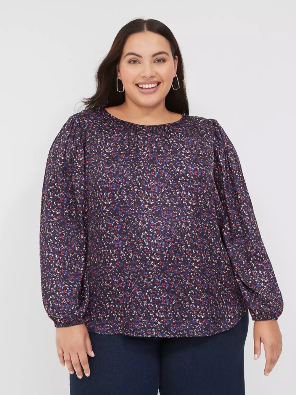 Women's Navy Floral Long-Sleeve Blouse